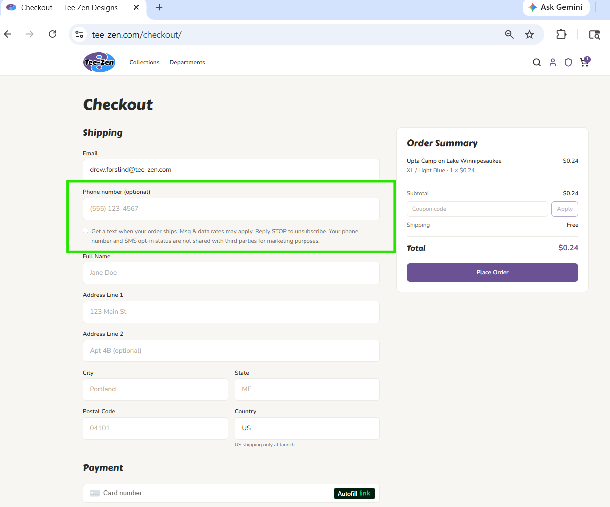 Screenshot of checkout page showing the SMS opt-in checkbox